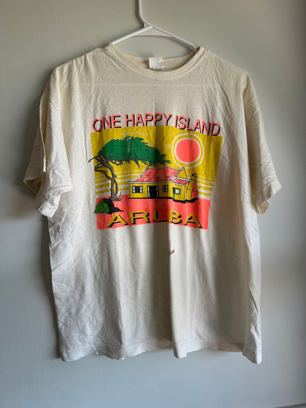 Vintage 80s Aruba T Shirt Single Stitch Thrashed Neon Graphic Travel Tee